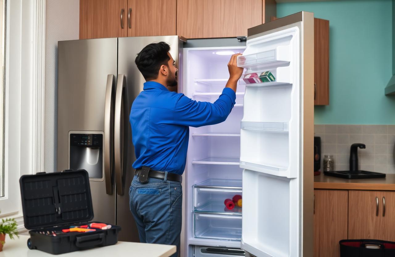 Refrigerator service technician repairing a double door fridge in Kadapa